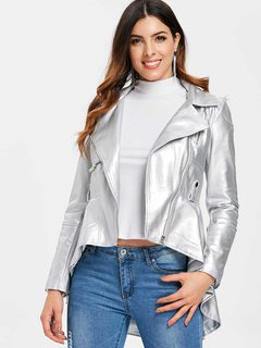 Short Loose Plain Leather Pockets Jacket (Style V101525)