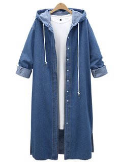 Hooded Long Loose Plain Button Coat (Style V101544)