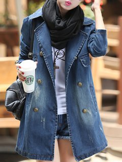 Long Loose Plain Denim Belt Coat (Style V101546)