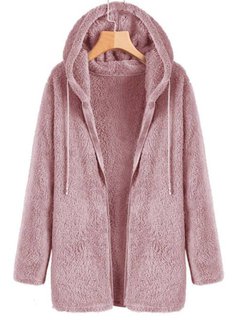 Hooded Long Loose Fauxfur Zipper Coat (Style V101553)