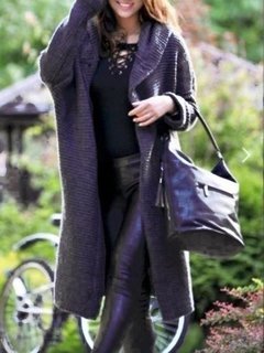 Hooded Loose Plain Knitted Button Coat (Style V101557)