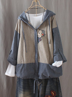 Hooded Elegant Striped Cotton Pattern Coat (Style V101582)