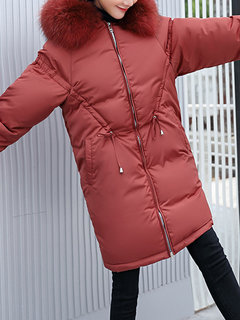 Hooded Slim Plain Polyester Pockets Coat (Style V101583)