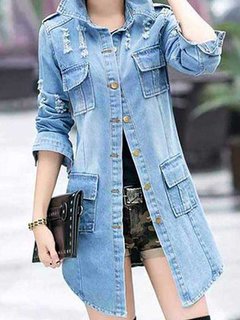 Shirt Collar Long Casual Plain Denim Coat (Style V101598)