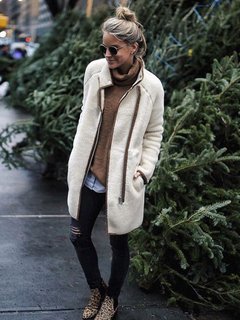 Stand Collar Date Night Plain Polyester Pockets Coat (Style V101648)