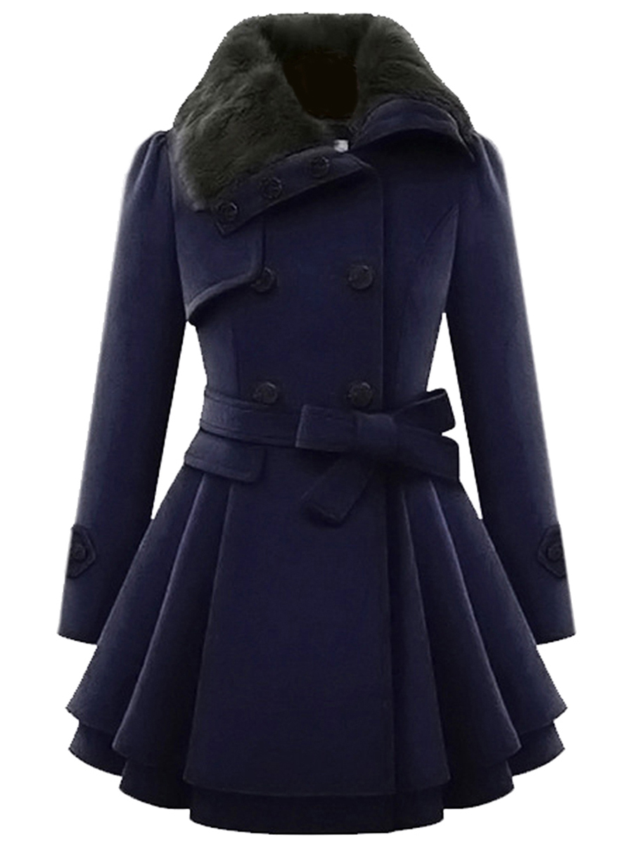 Dark Blue Polo Neck Long Slim Wool Strappy Coat (Style V101671) - VEDACHIC