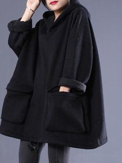 Long Loose Plain Cotton Pockets Coat (Style V101701)