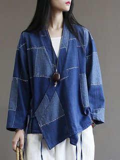 Long Loose Color Block Cotton Patchwork Coat (Style V101704)