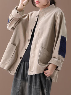 Shirt Collar Long Plain Cotton Applique Coat (Style V101706)