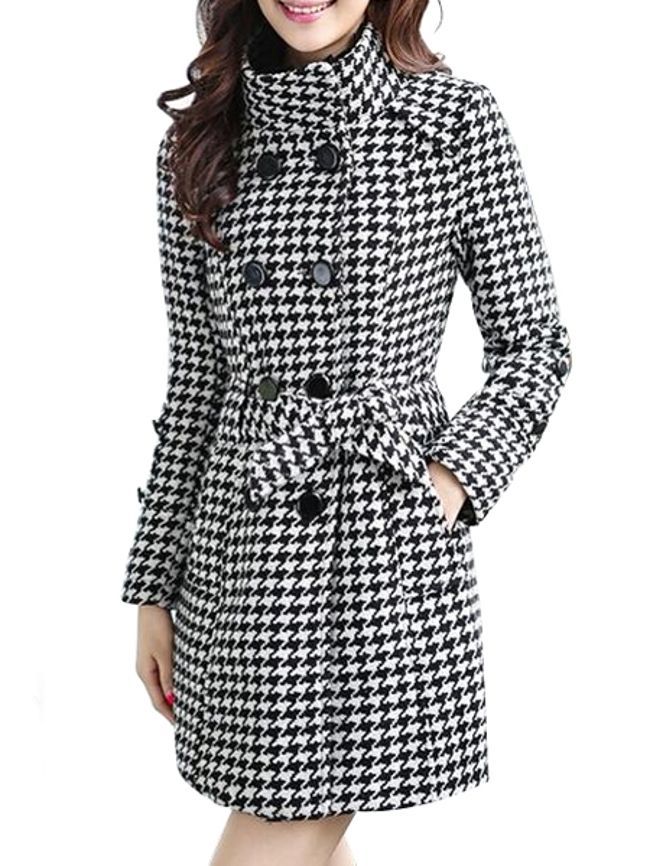 Black Stand Collar Slim Date Night Plaid Button Coat (Style V101711 ...