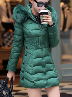 Hooded Slim Plain Dacron Pockets Coat (Style V101729)