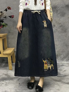 Ankle Length Straight Slow Life Denim Animal Skirt (Style V101750)