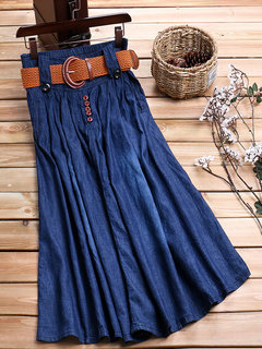 Ankle Length A-line Slow Life Belt Denim Skirt (Style V101751)