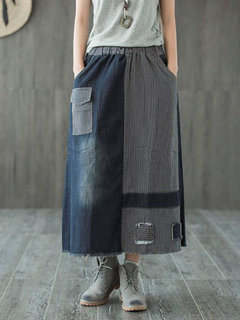 Ankle Length Straight Slow Life Denim Striped Skirt (Style V101752)
