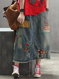 Ankle Length Loose Date Night Pockets Denim Skirt (Style V101753)