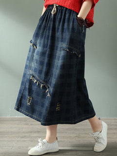 Ankle Length Loose Slow Life Pockets Plaid Skirt (Style V101756)