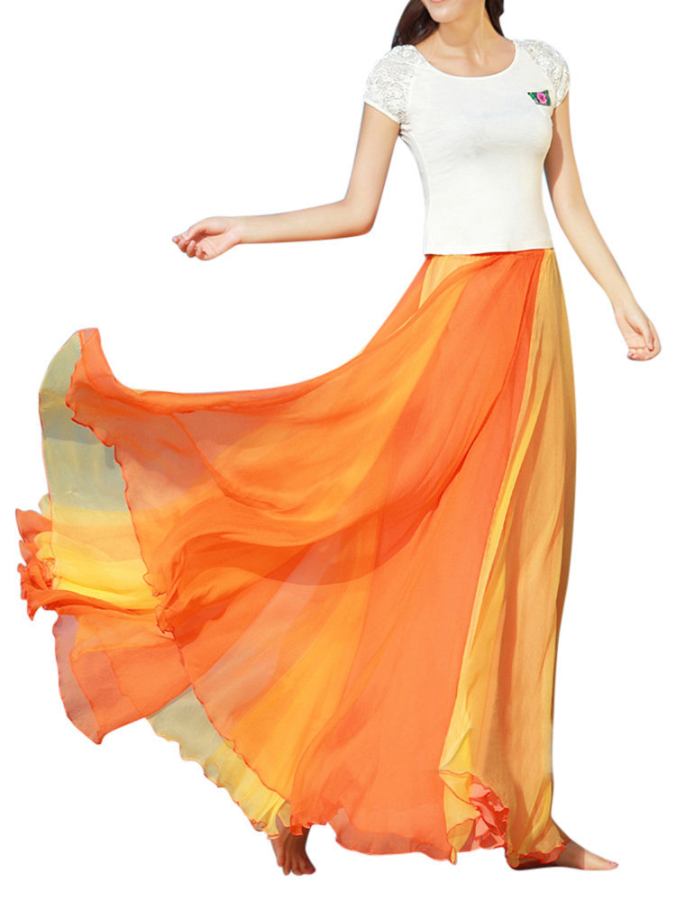 Orange Maxi Loose Slow Life Cascading Ruffle Color Block Skirt (Style ...