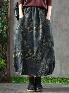 Ankle Length Lantern Slow Life Pattern Denim Skirt (Style V101760)