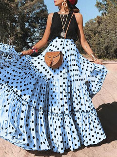 Maxi Pleated Cascading Ruffle Chiffon Polka Dot Skirt (Style V101762)