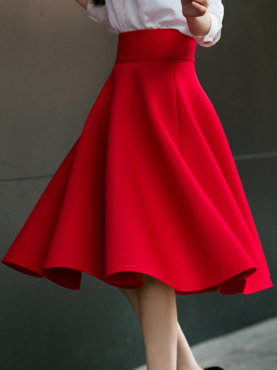Red Knee Length Office Zipper Cotton Blends Plain Skirt (Style V101781 ...