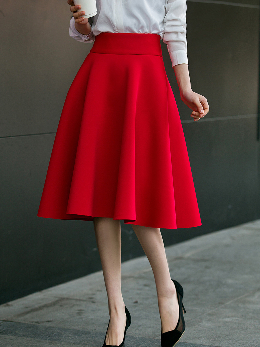 Red Knee Length Office Zipper Cotton Blends Plain Skirt (Style V101781 ...