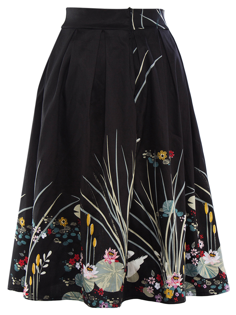 Black Mid-Calf Fit and Flare Slow Life Ruffle Floral Skirt (Style ...