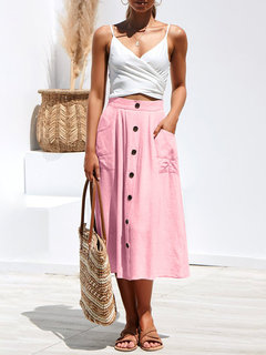 Loose Slow Life Button Linen Plain Skirt (Style V101825)