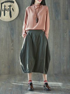 Ankle Length Lantern Slow Life Pockets Linen Skirt (Style V101826)