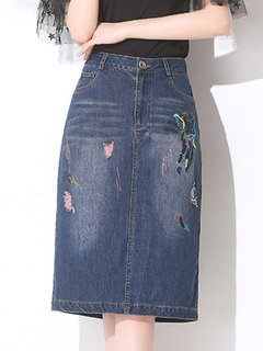 Knee Length Straight Korean Button Denim Skirt (Style V101834)