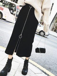 Mid-Calf Straight Office Button Plain Skirt (Style V101838)