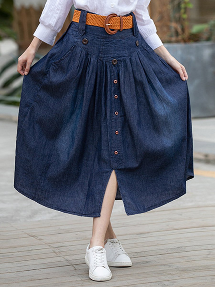 Dark Blue Mid-Calf Western Ruffle Denim Plain Skirt (Style V101840 ...