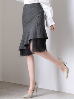 Mid-Calf Mermaid Ruffle Polyester Plaid Skirt (Style V101843)