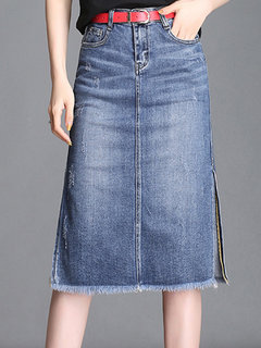 Straight Date Night Belt Denim Plain Skirt (Style V101845)