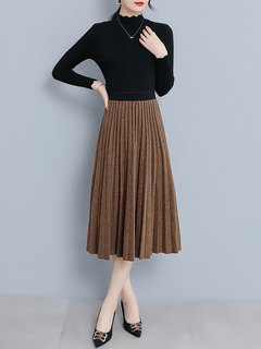 Mid-Calf Pleated Office Ruffle Plain Skirt (Style V101847)