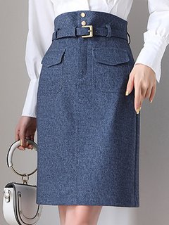 Knee Length Straight Office Polyester Plain Skirt (Style V101850)
