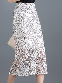 Mid-Calf Straight Office Polyester Plain Skirt (Style V101851)