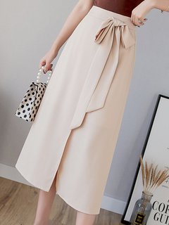 Mid-Calf A-line Office Bow Plain Skirt (Style V101860)