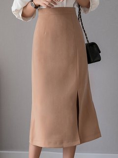 Mid-Calf Slim Office Zipper Plain Skirt (Style V101862)