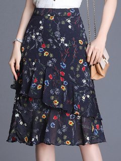 Mid-Calf A-line Date Night Ruffle Polyester Skirt (Style V101865)