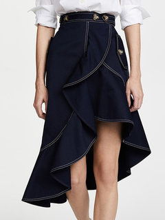 Mid-Calf Asymmetrical Ruffle Polyester Plain Skirt (Style V101879)