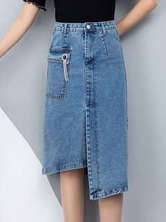 Mid-Calf Asymmetrical Date Night Asymmetrical Denim Skirt (Style V101882)