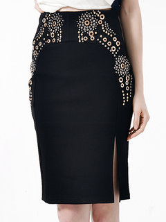 Bodycon Office Beaded Polyester Plain Skirt (Style V101888)