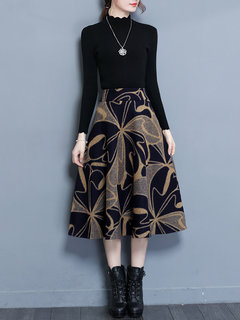 Mid-Calf A-line Pattern Polyester Color Block Skirt (Style V101895)