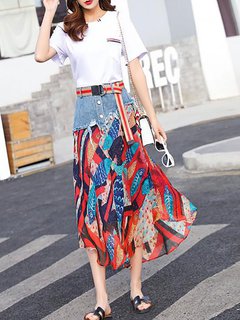 Mid-Calf Fit and Flare Date Night Patchwork Chiffon Skirt (Style V101897)