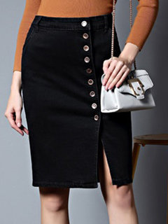Knee Length Straight Date Night Button Plain Skirt (Style V101900)