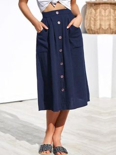 A-line Slow Life Button Cotton Plain Skirt (Style V101907)