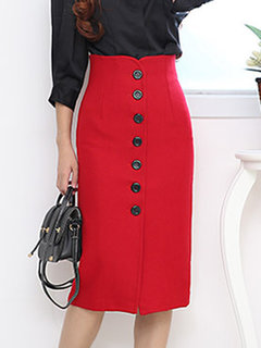 Mid-Calf Pencil Office Button Wool Skirt (Style V101914)