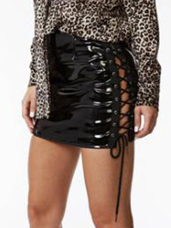 Mini Pencil Strappy Pu Leather Plain Skirt (Style V101925)