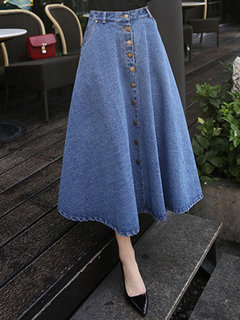Mid-Calf A-line Elegant Button Denim Skirt (Style V101926)