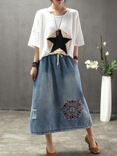 Mid-Calf A-line Casual Denim Plain Skirt (Style V101954)